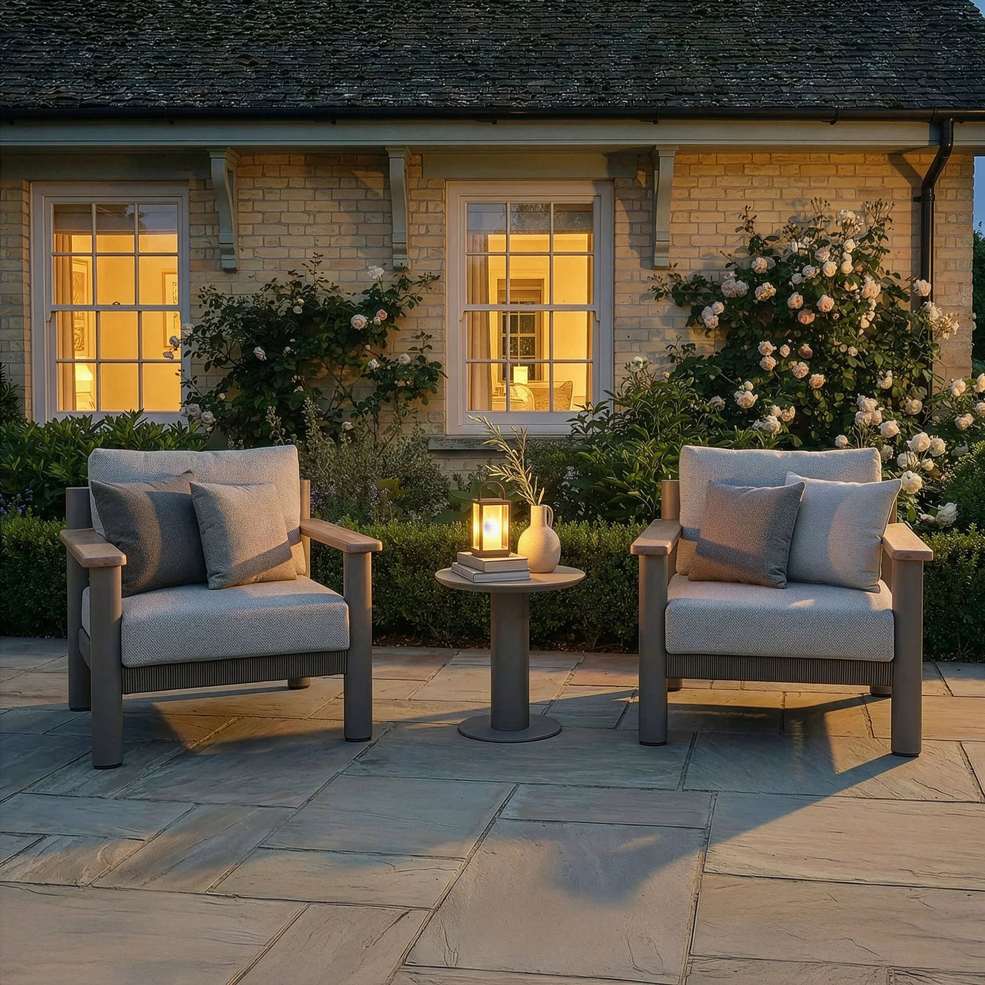Outdoor garden armchairs with grey cushions and side table set on stone patio at dusk