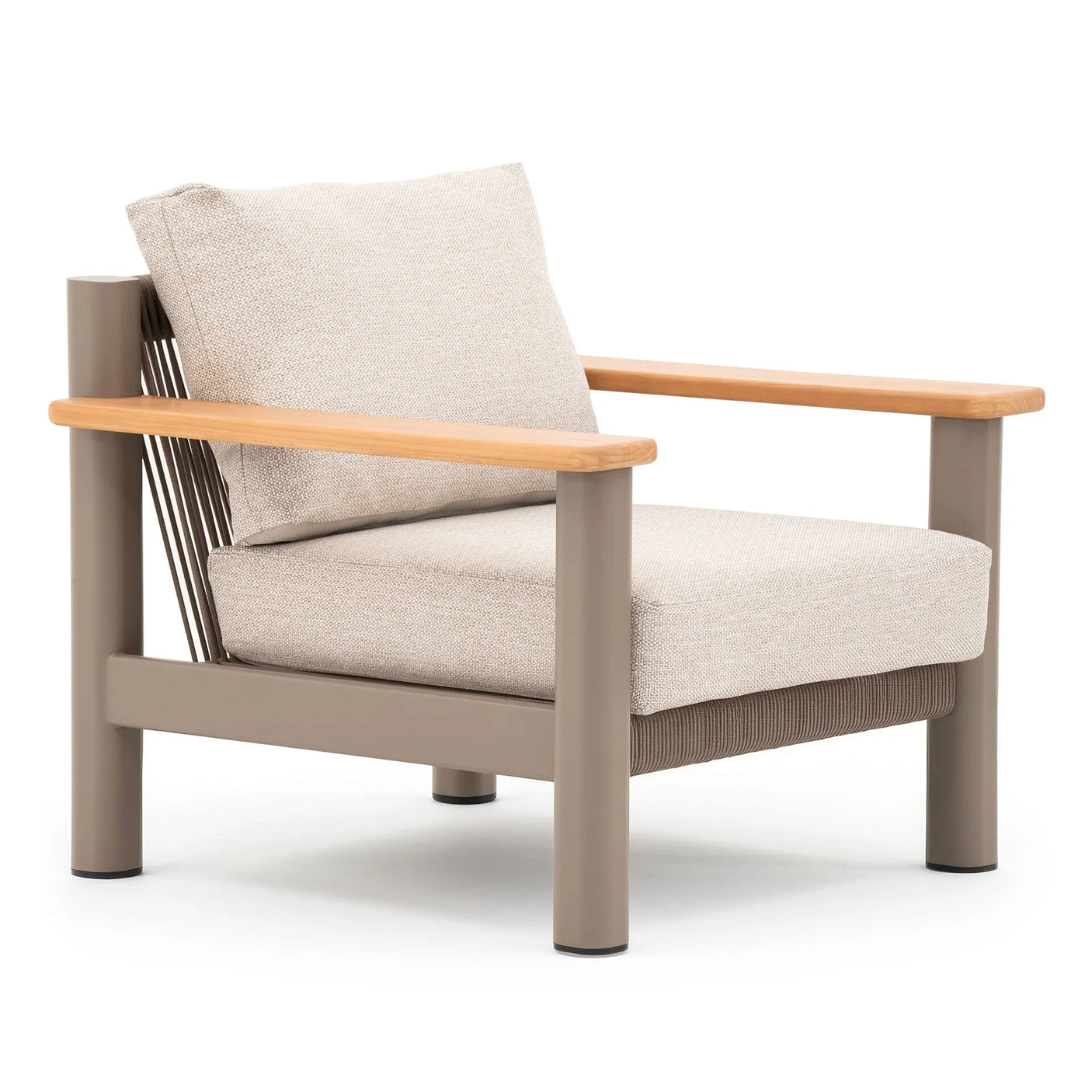 Beige fabric armchair with wooden armrests and taupe frame, angled side view