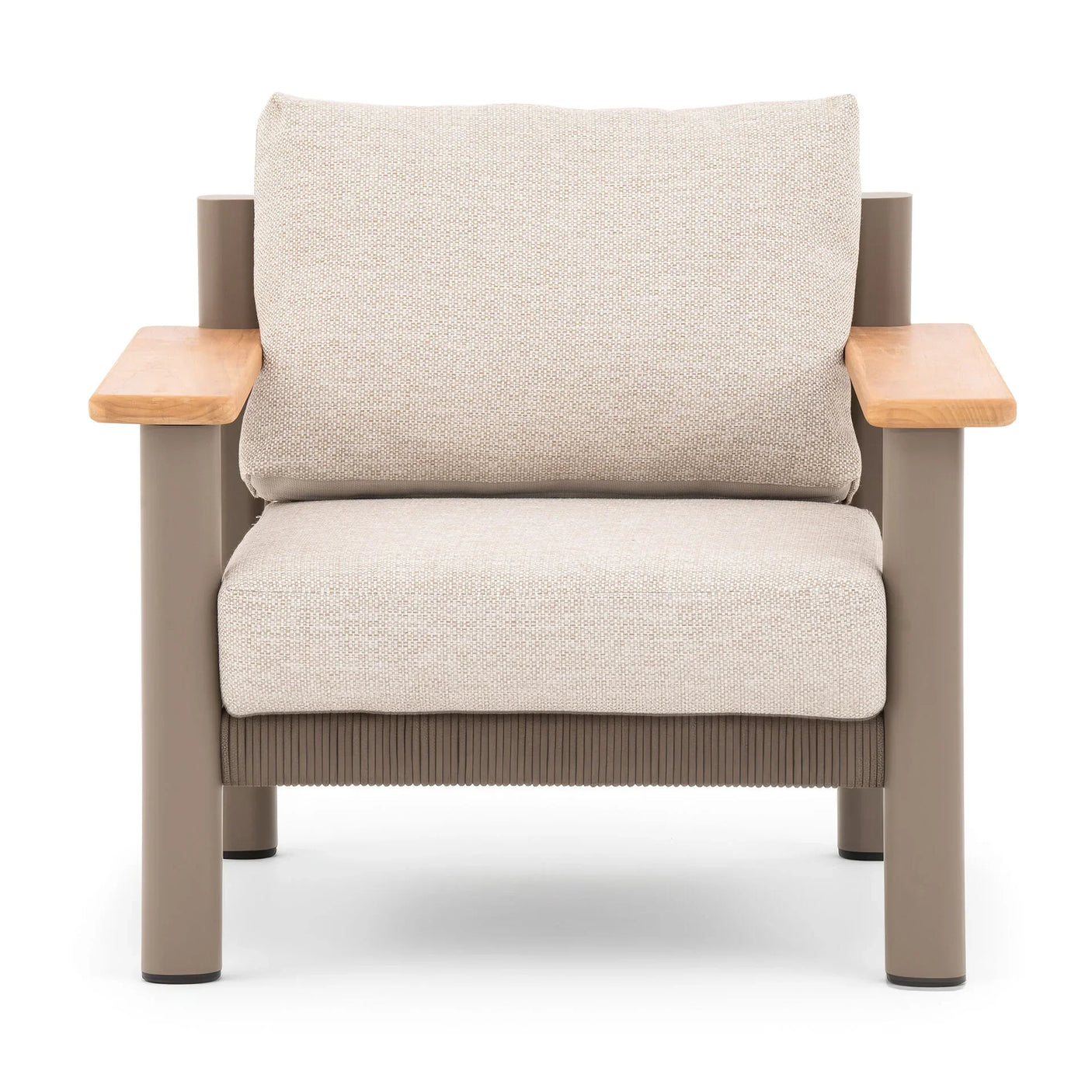 Beige fabric armchair with wooden armrests and taupe metal frame, front view