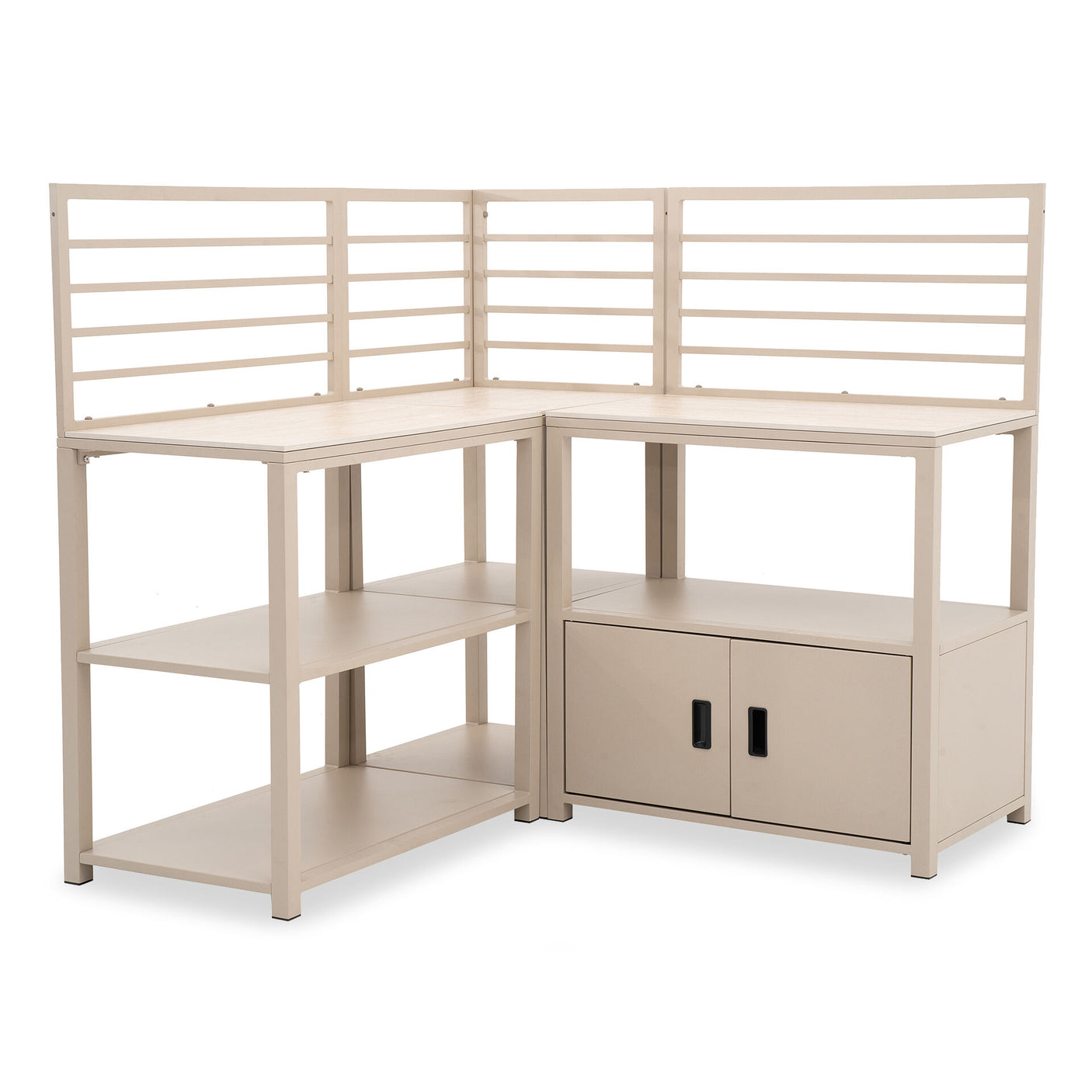 Beige corner desk with shelves, slatted back panels, and cabinet storage