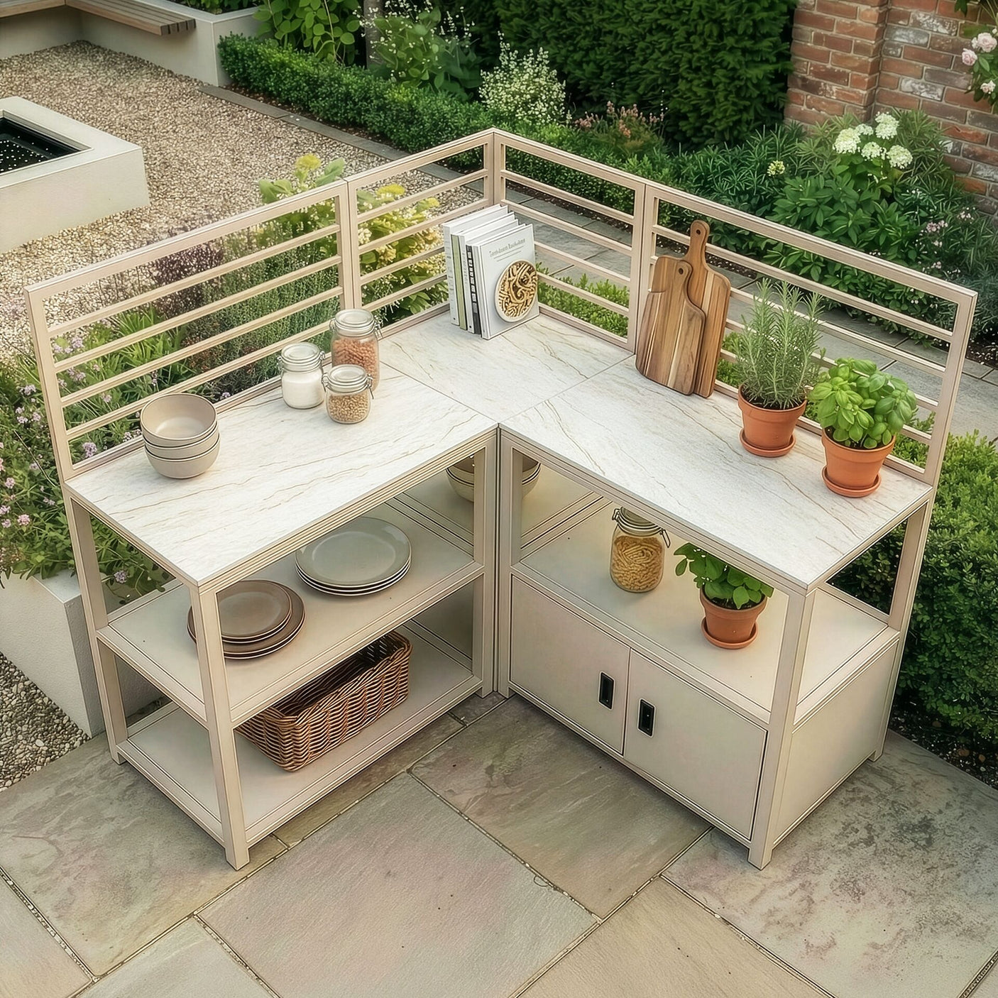 Outdoor corner kitchen workstation with shelves, marble-look countertop, pots, and utensils