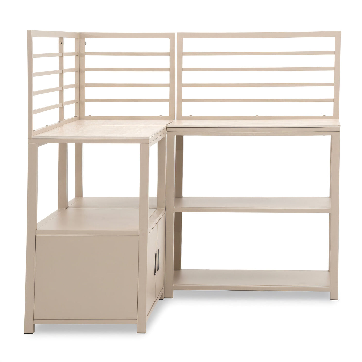 Corner desk with storage shelves and slatted back in light wood finish
