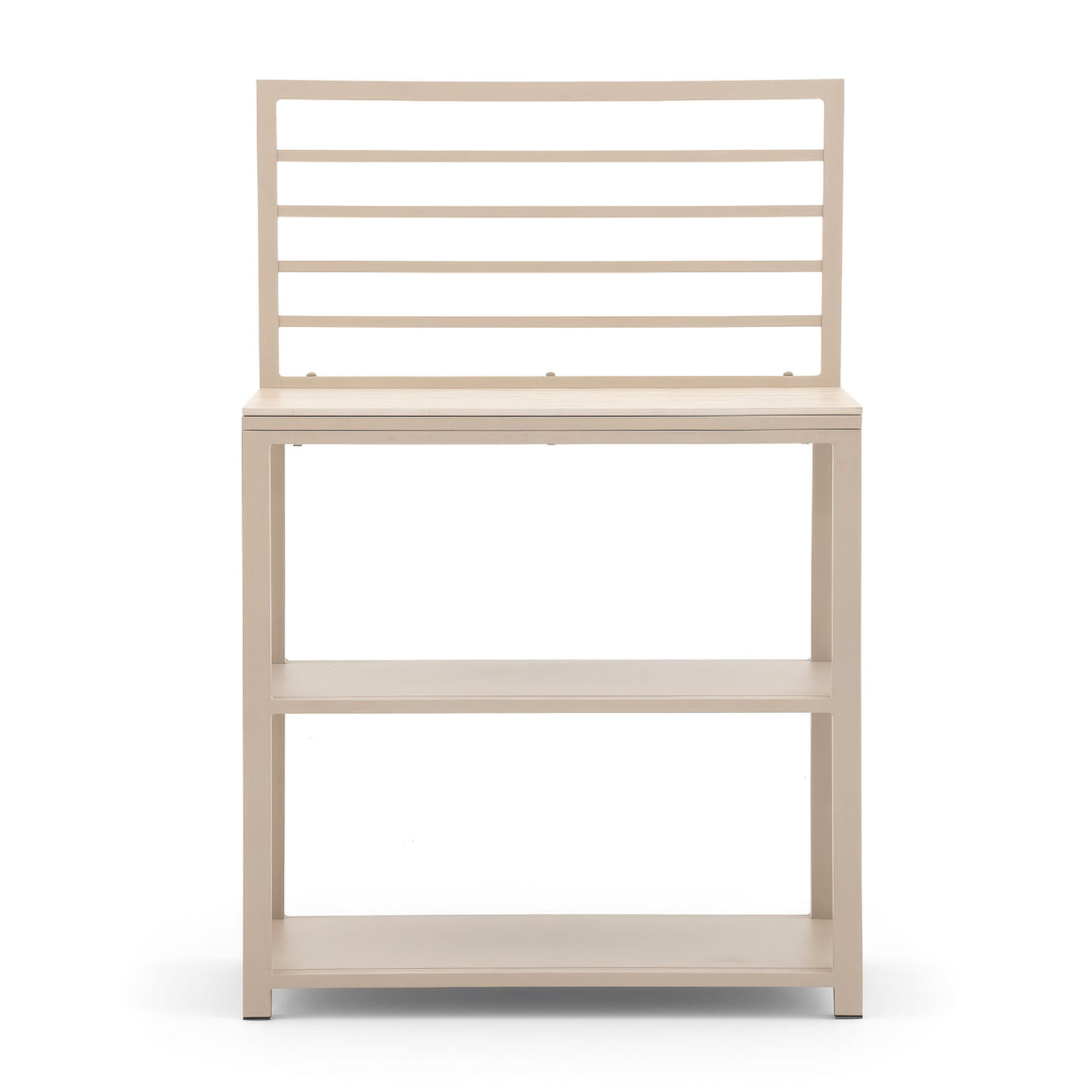 Cream wood shelving unit with open back and two lower shelves, front view