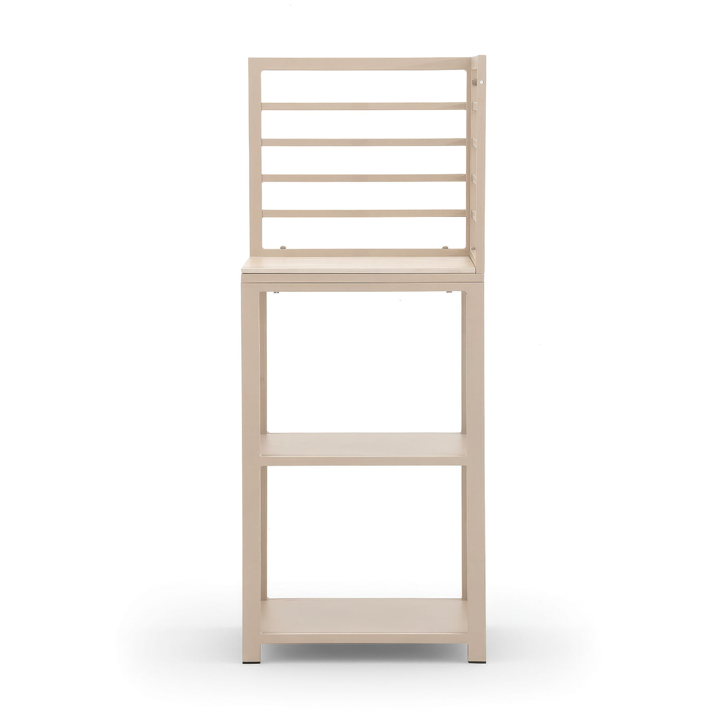 Beige wooden storage unit with slatted top section and two open shelves, front view
