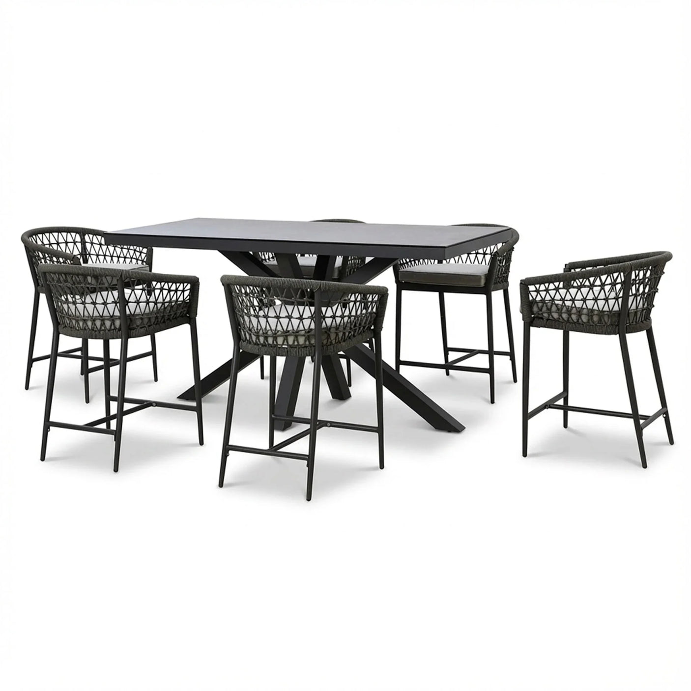 Black garden dining set with rectangular table and five woven rattan chairs