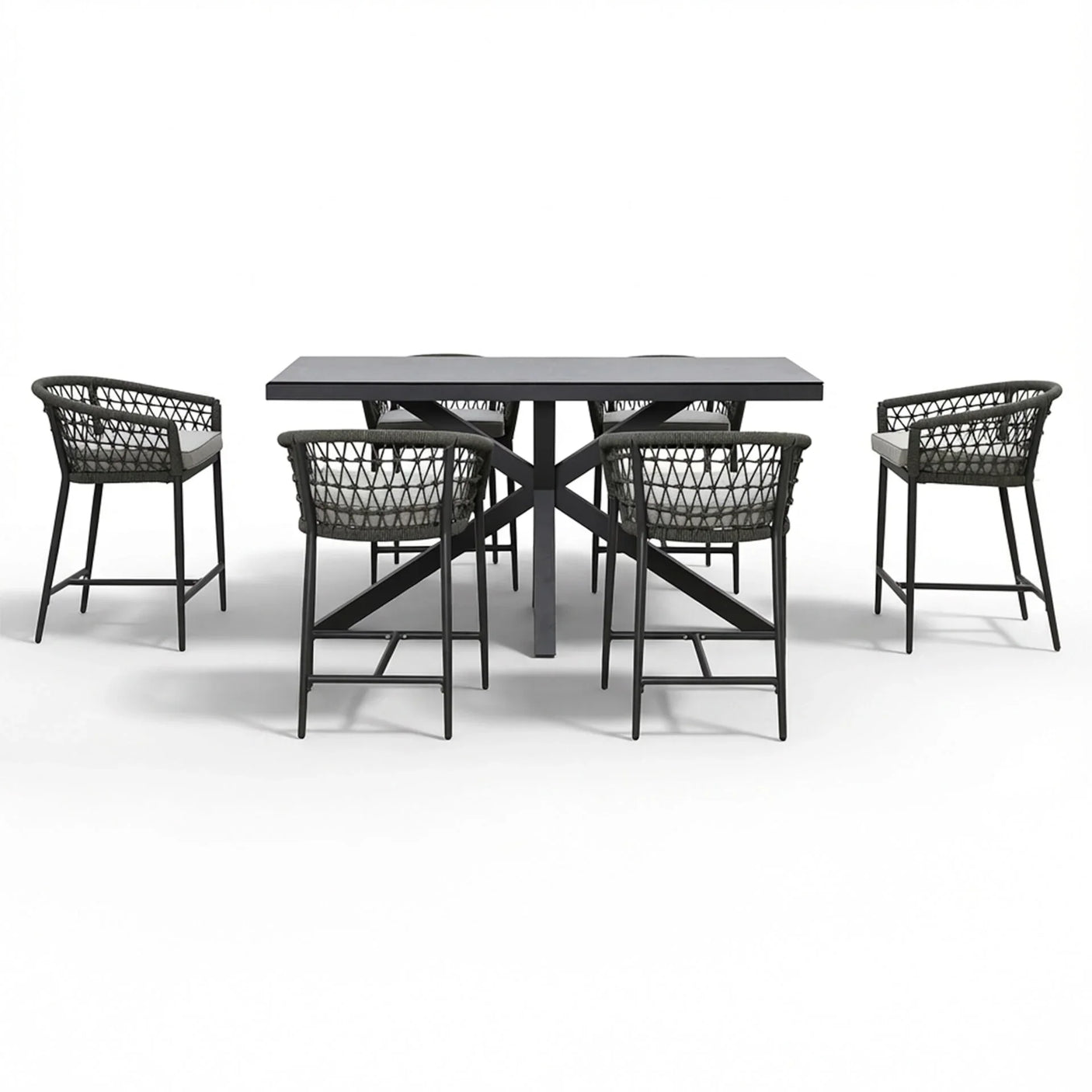 Black dining table set with six woven armchairs, cross-leg base, modern garden furniture