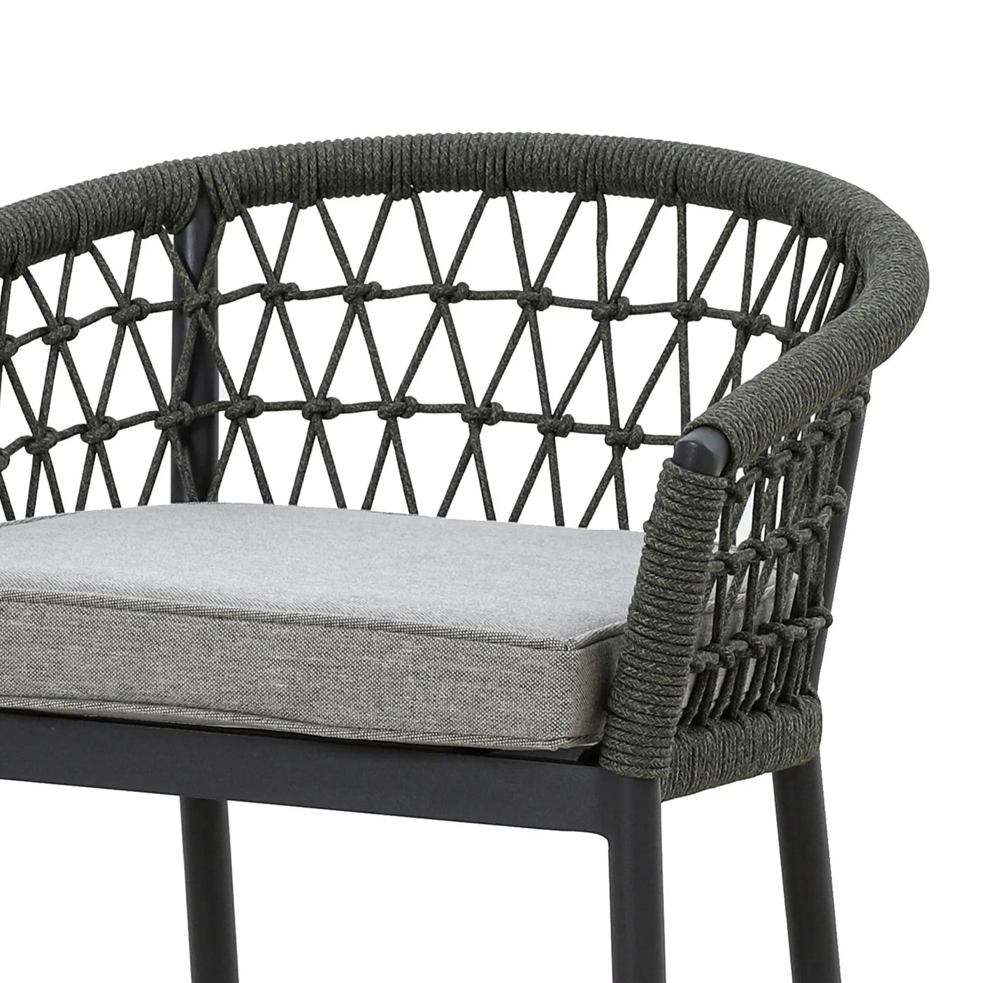 Outdoor dining chair with grey rope weave back and cushioned seat