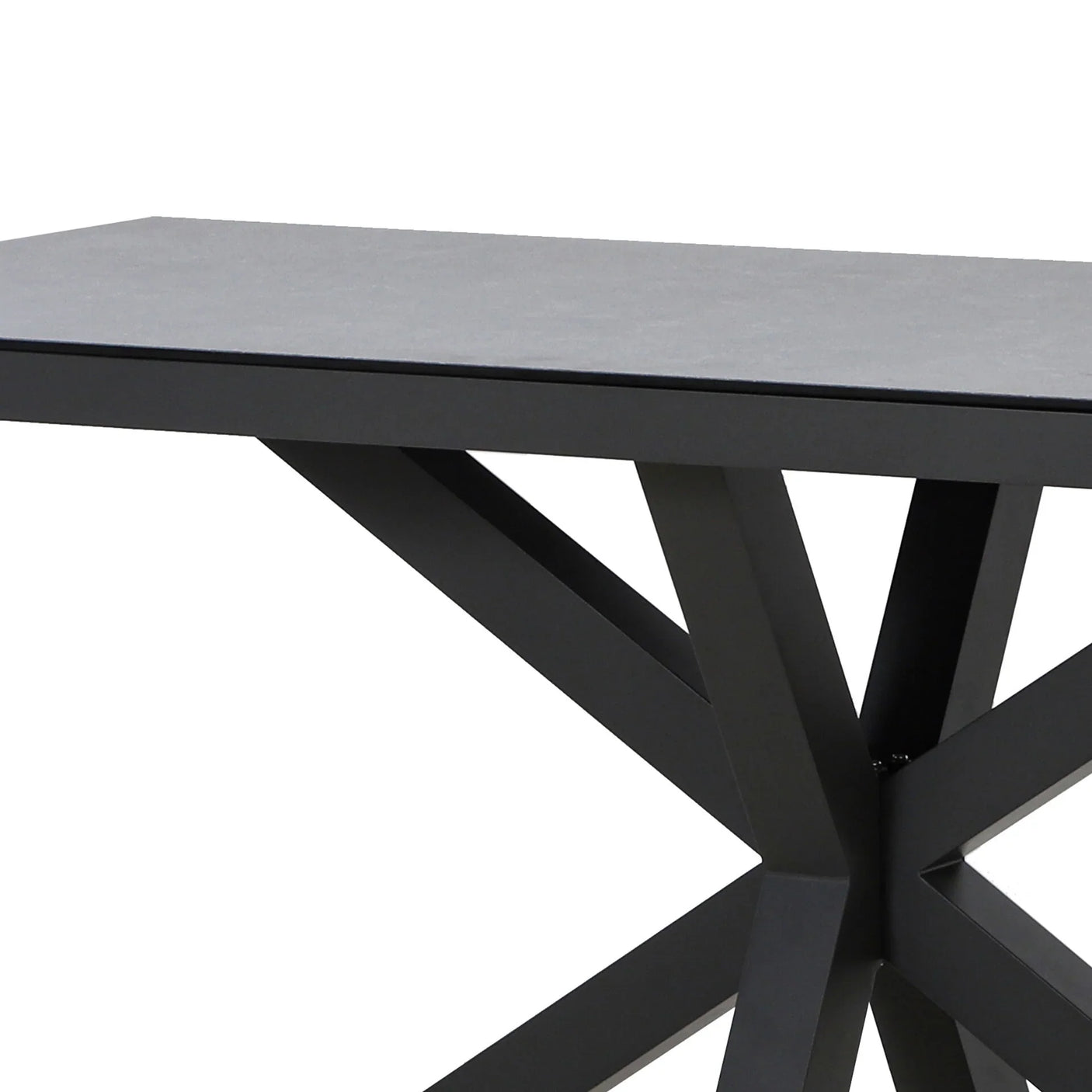 Modern black dining table with geometric metal legs and matte rectangular top