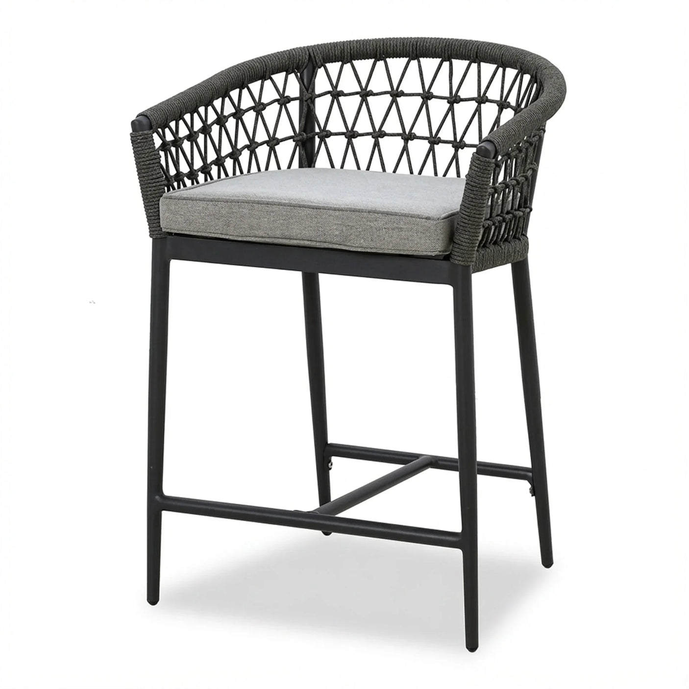 Modern bar stool with black rope backrest, metal legs, and grey seat cushion