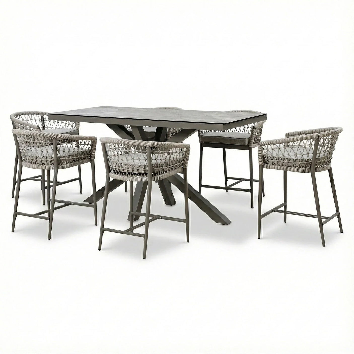 Grey outdoor dining table with four woven rope chairs on white background