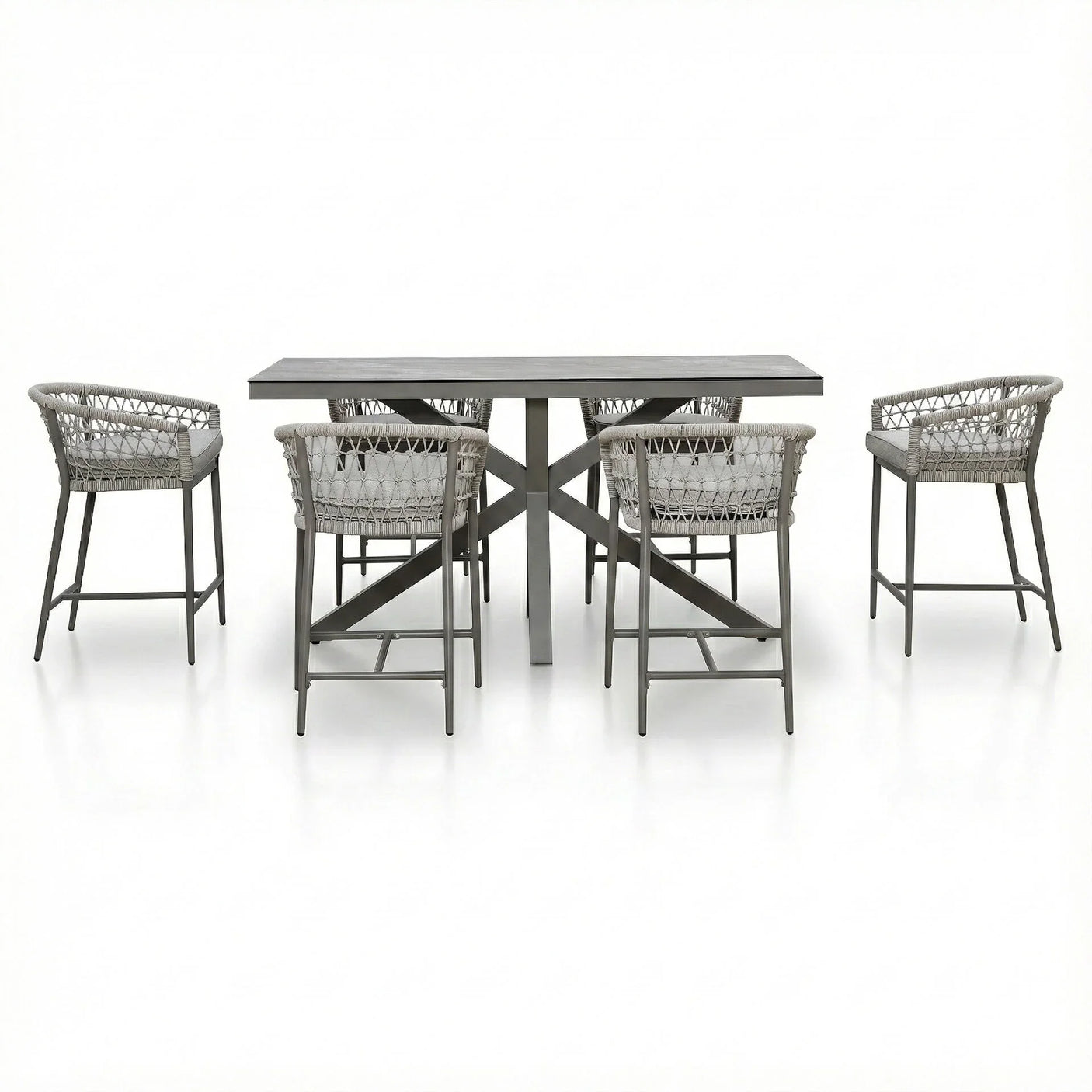 Grey rattan dining table set with six matching wicker chairs, metal legs and cross base