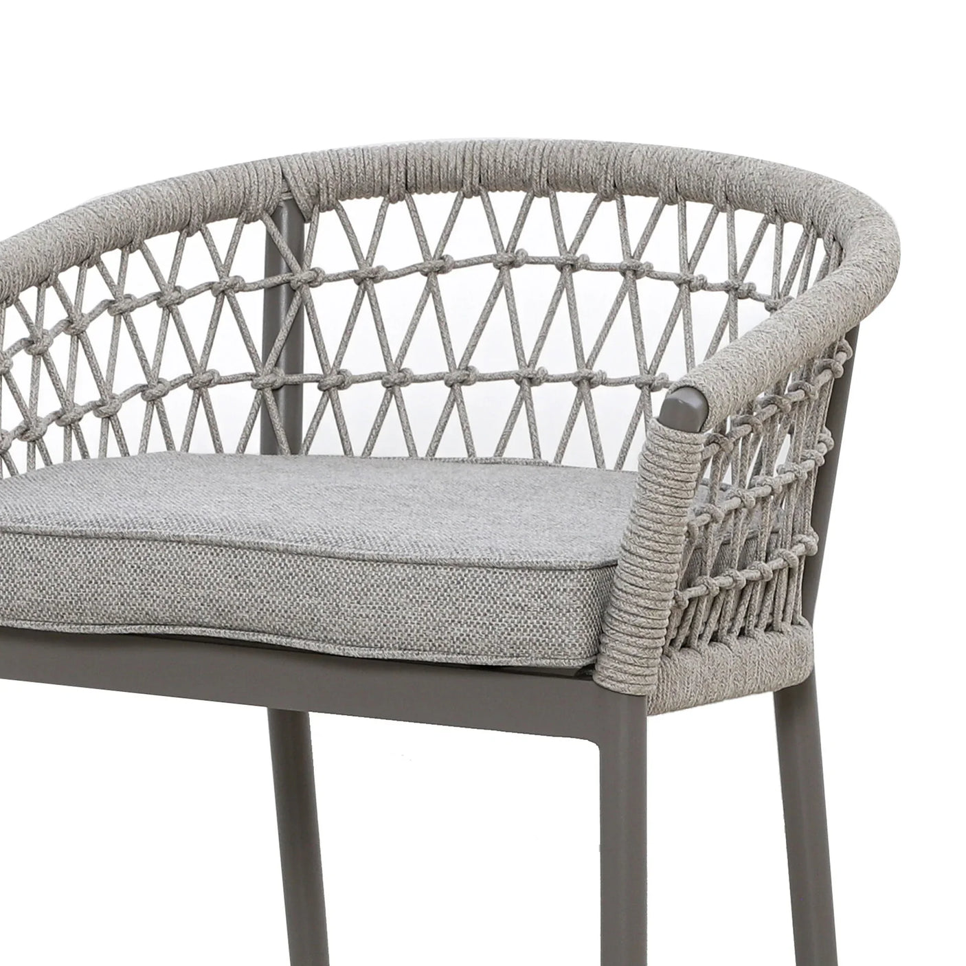 Grey rope woven dining chair with padded cushion and rounded backrest