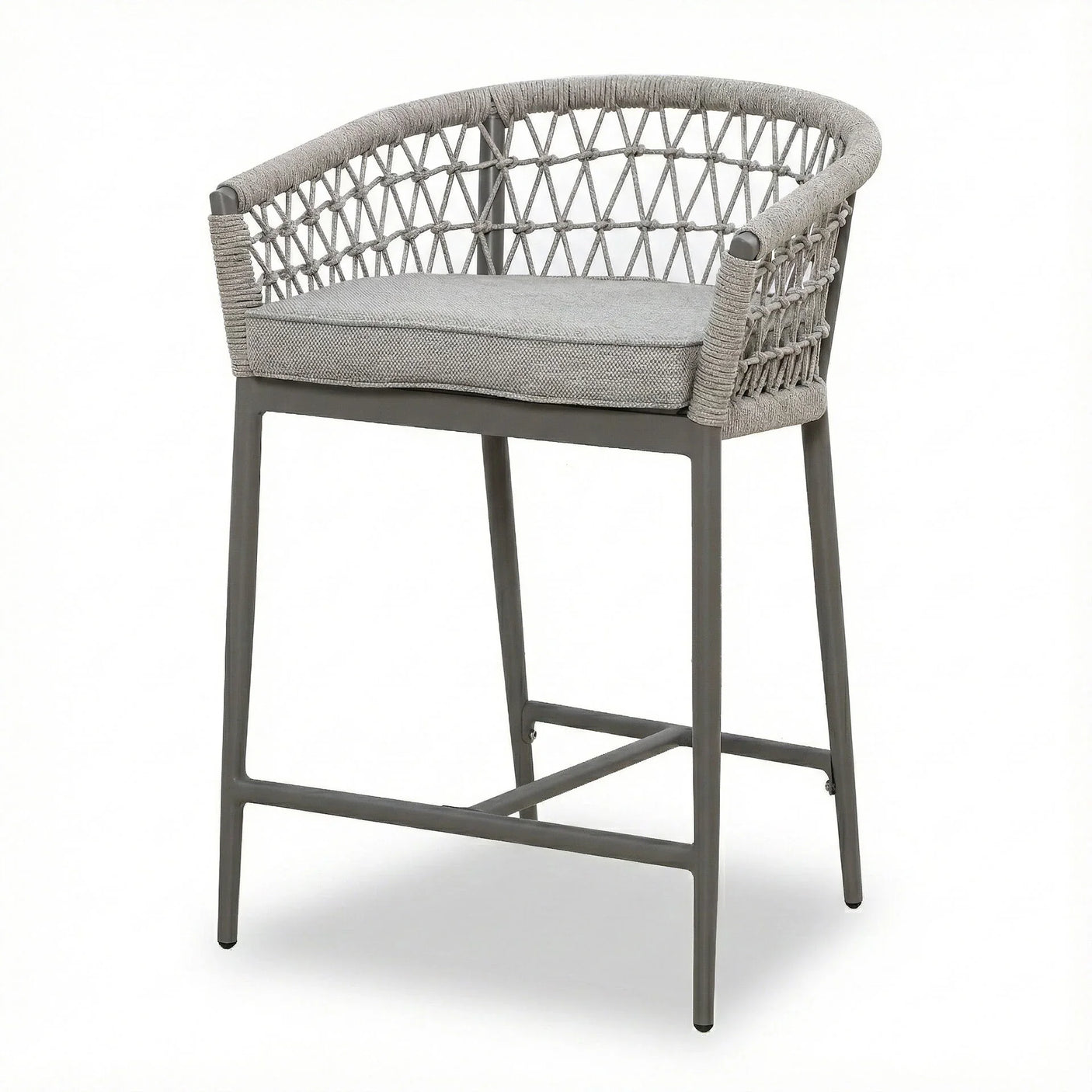 Grey woven bar stool with metal legs and cushioned seat, modern open back design