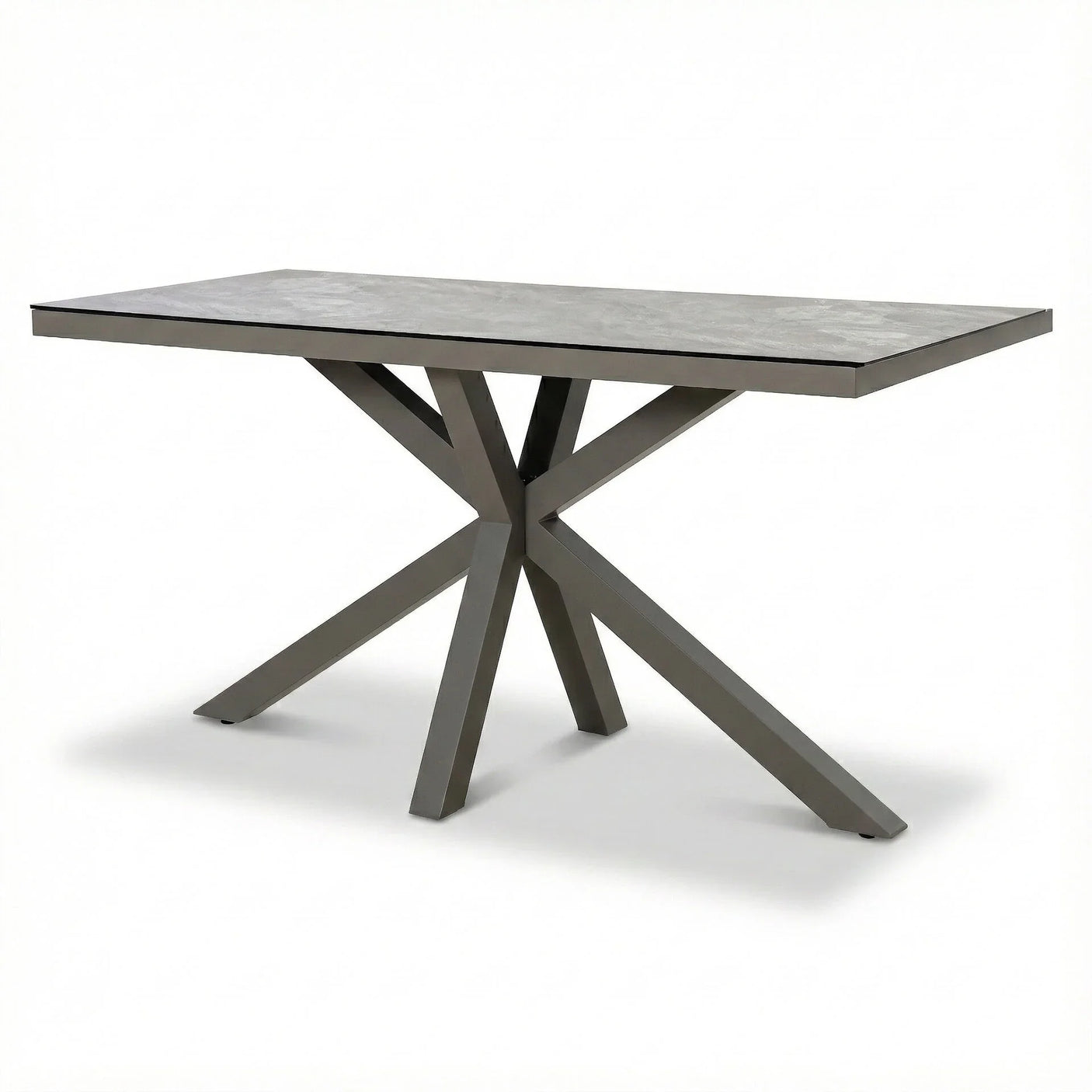 Rectangular dining table with grey stone effect top and angular metal legs