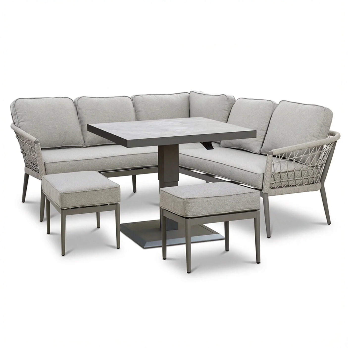 Grey corner garden sofa set with adjustable dining table and matching cushioned stools
