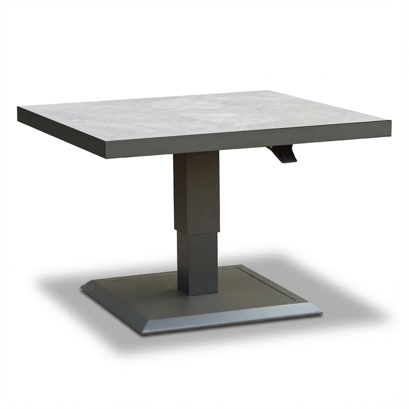 Square grey modern dining table with metal pedestal base on white background