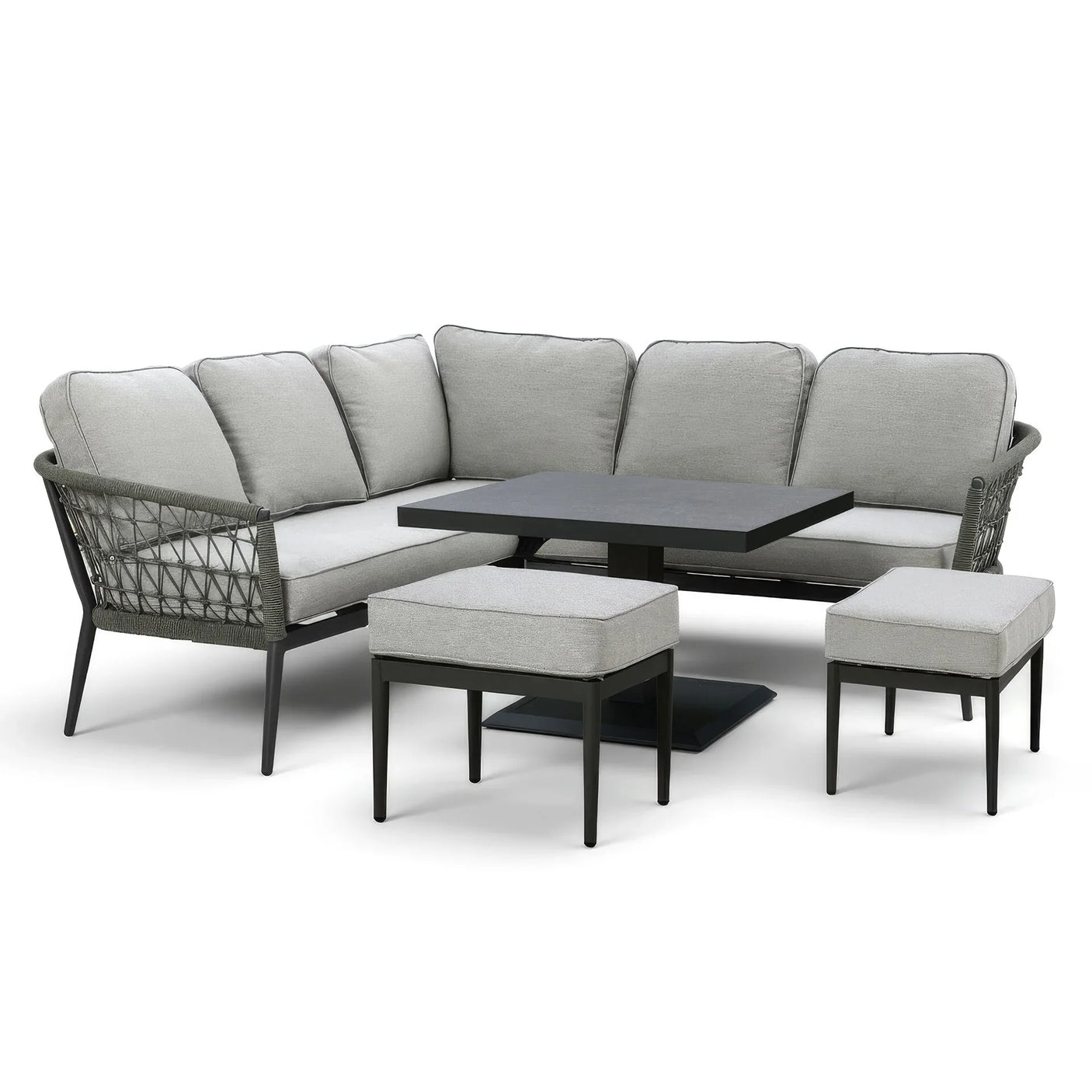 Grey corner garden sofa set with cushioned seats, modern table and matching stools