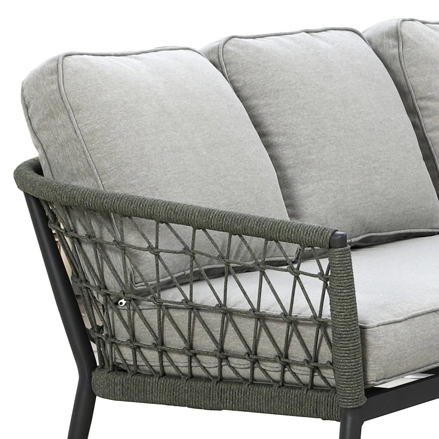 Grey outdoor sofa with rope-woven armrest and metal frame, close-up of cushions and side