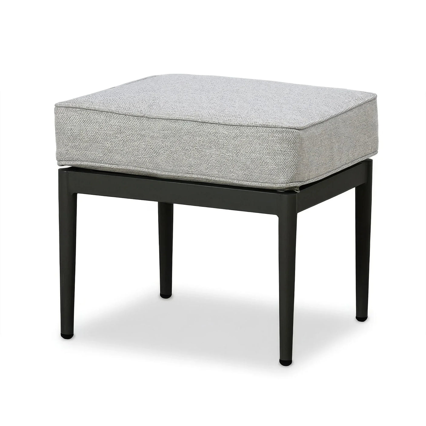 Grey fabric ottoman stool with black metal legs, angled front view