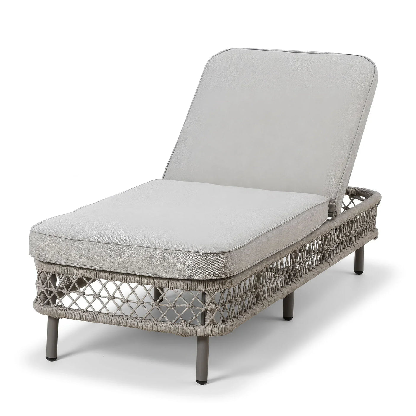Grey rattan sun lounger with cushion and metal legs, angled view on white background