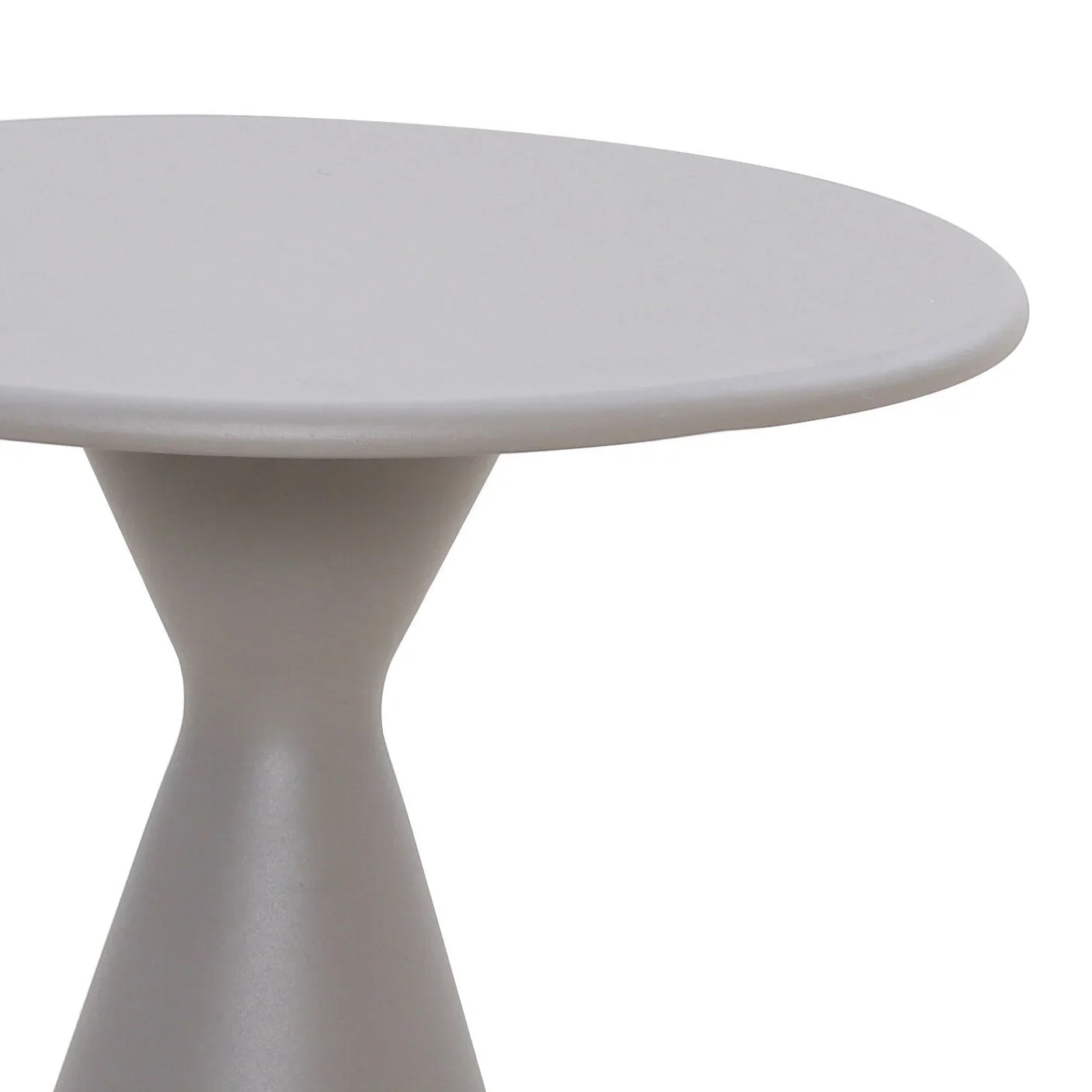 Round grey side table with smooth top and modern tapered base, close-up angle