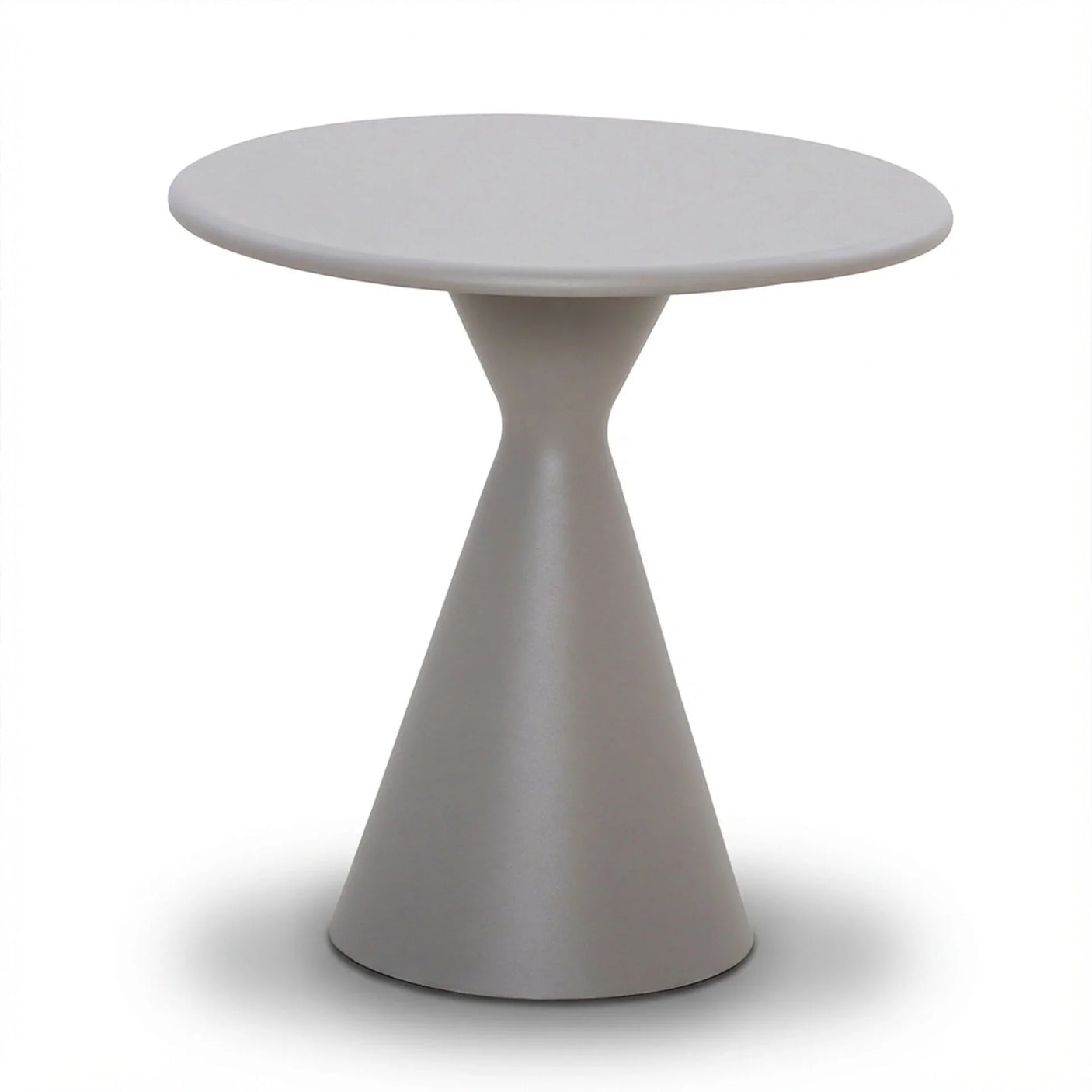 Round grey side table with modern hourglass base on white background