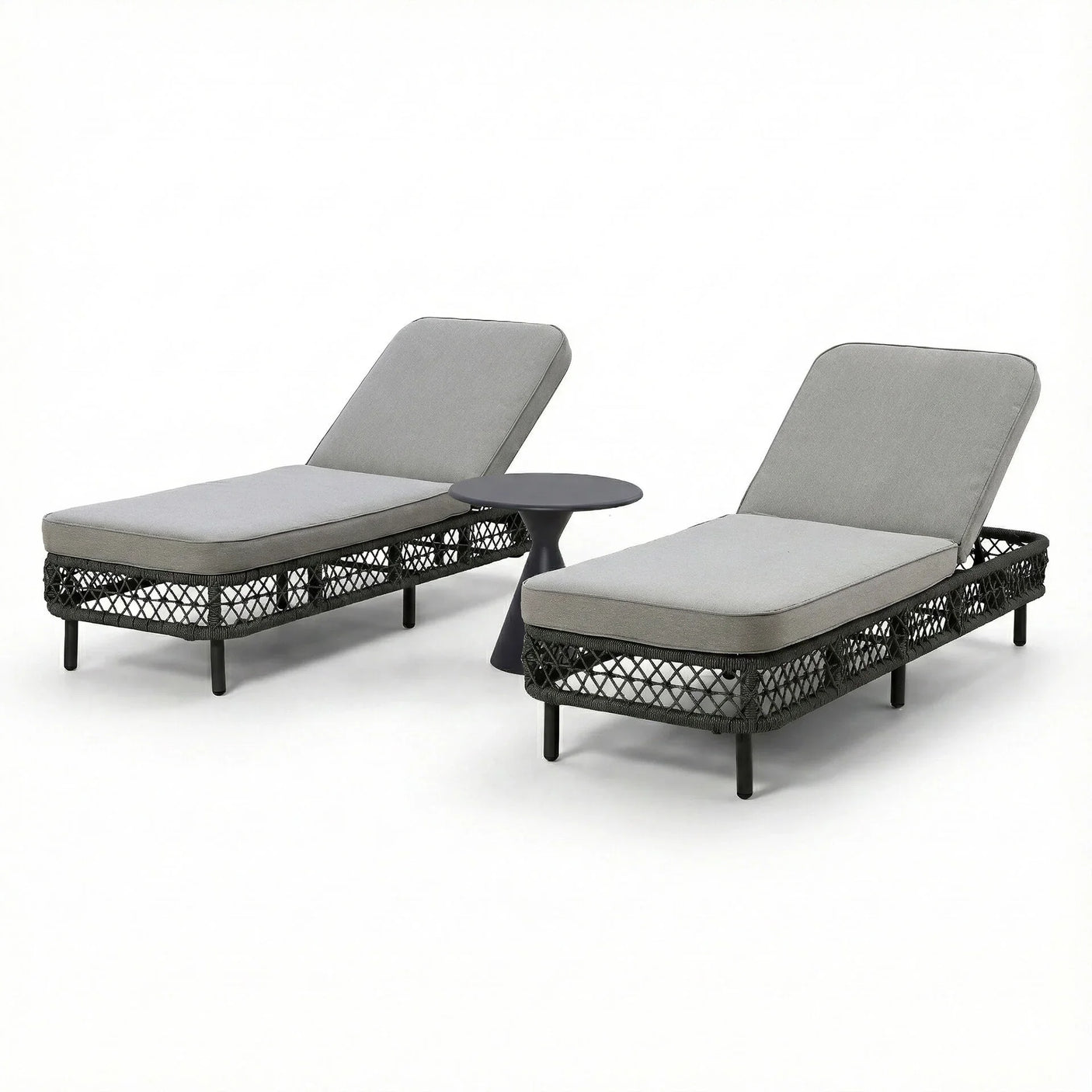 Grey rattan sun lounger set with two cushioned loungers and small side table