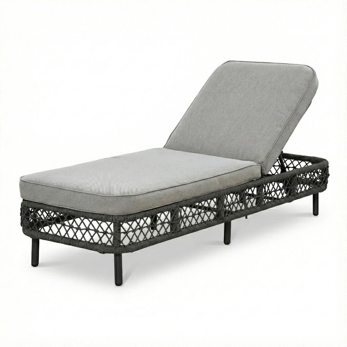 Outdoor rattan sun lounger with grey cushion and black frame, adjustable backrest