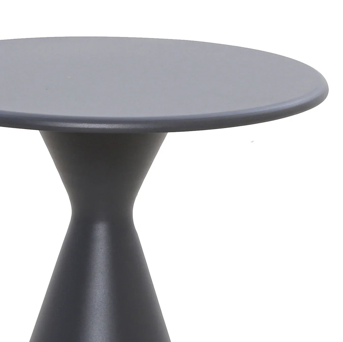 Grey round side table with smooth matte finish and modern curved base
