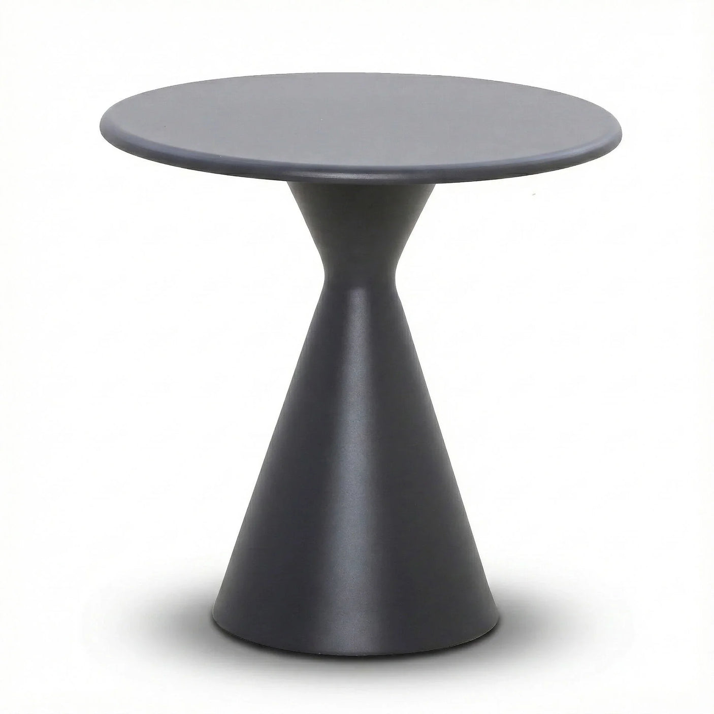 Round black side table with modern conical base on white background