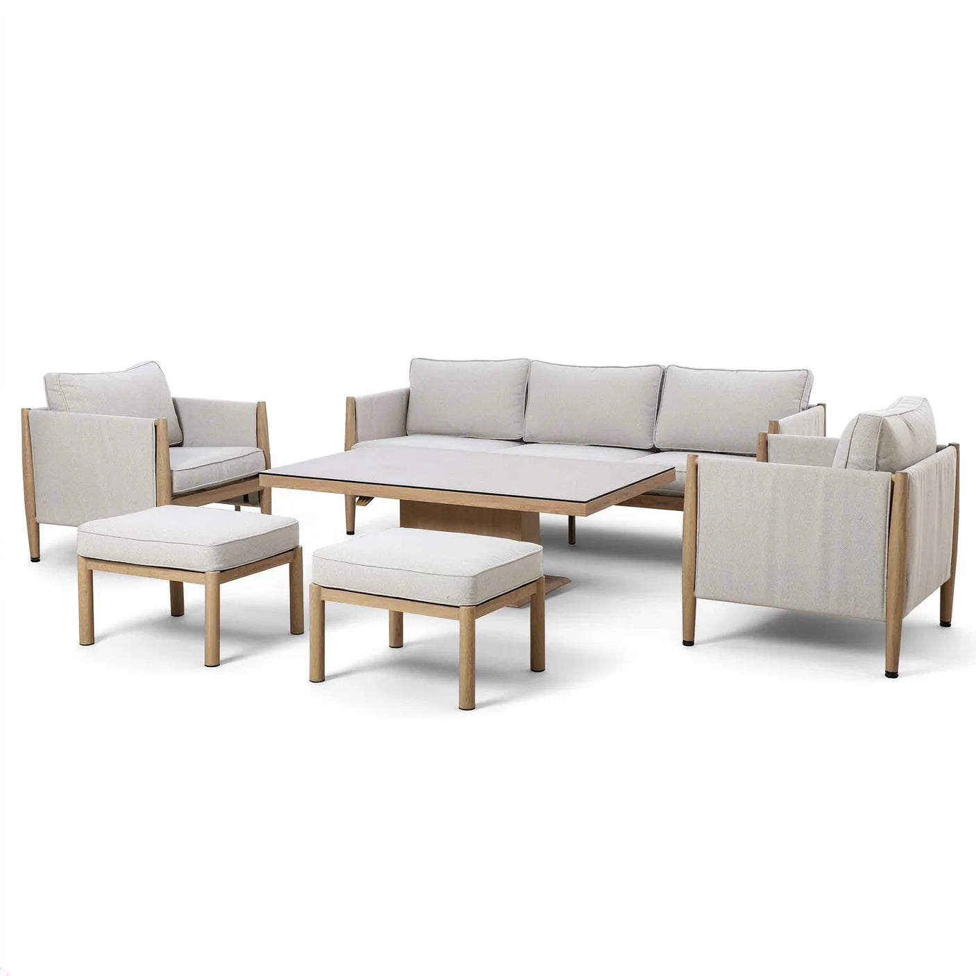 Beige outdoor sofa set with wooden frame, two armchairs, coffee table and ottomans