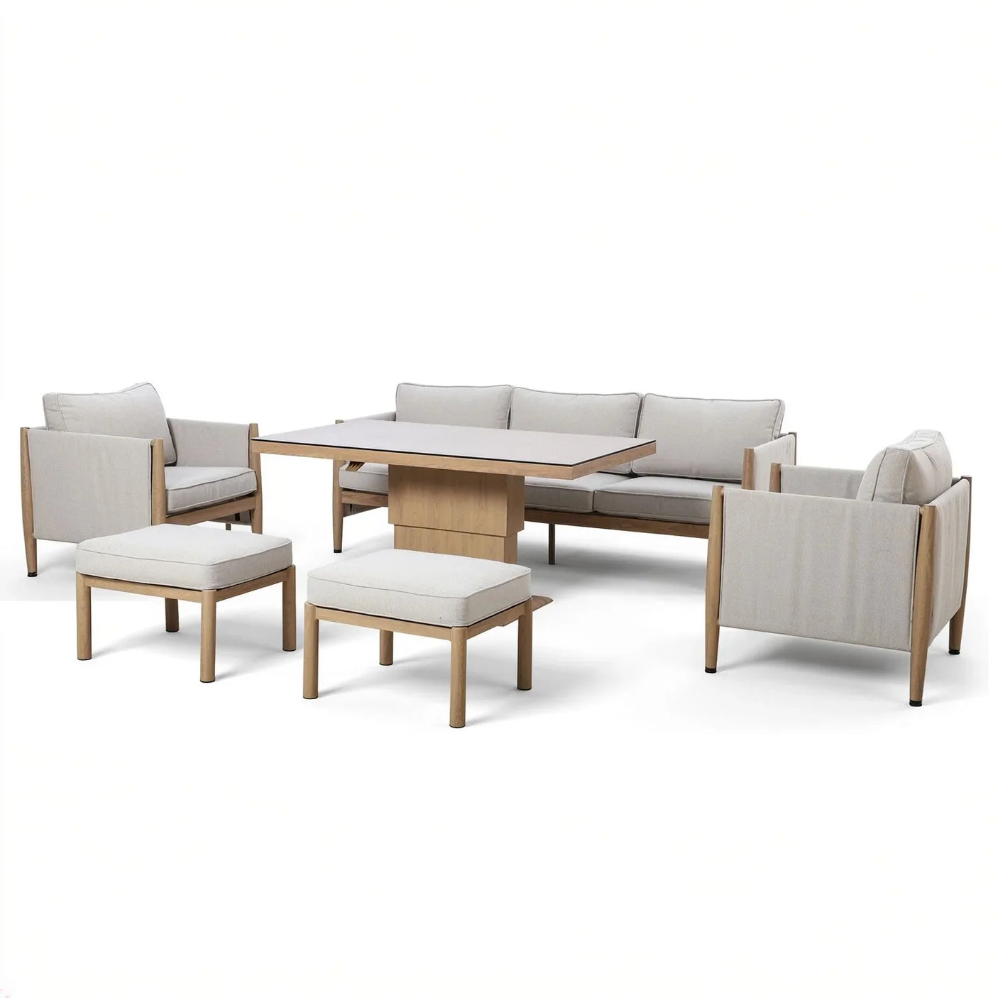 Beige fabric sofa set with wooden frame, armchairs, two stools and rectangular coffee table
