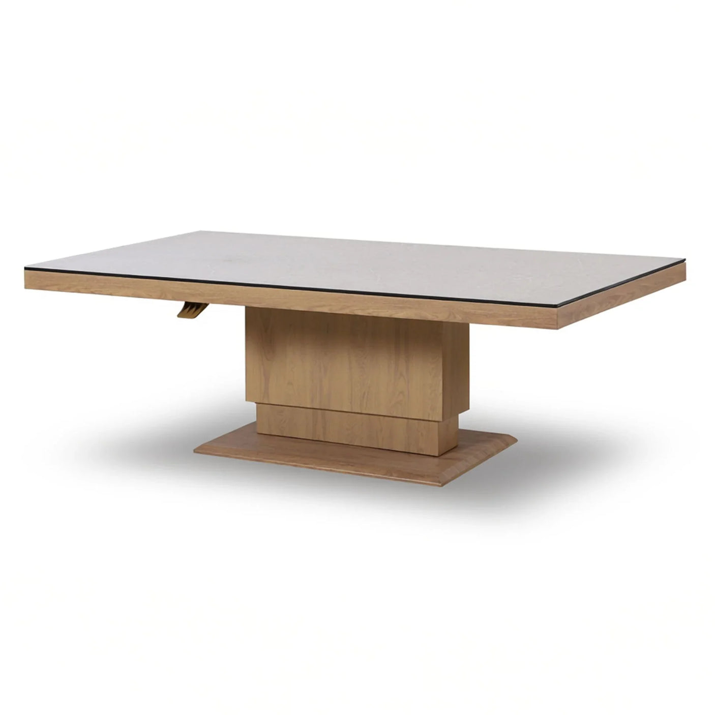 Rectangular dining table with light oak base and white marble-effect top, side view
