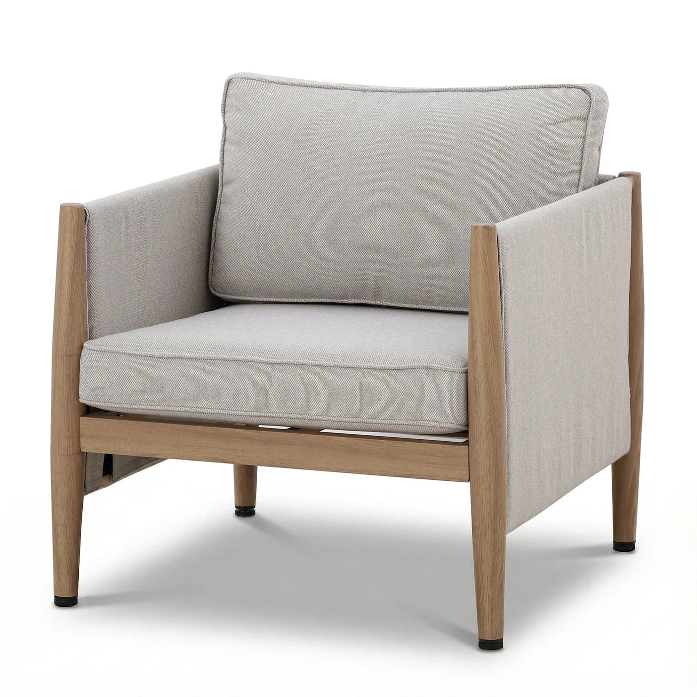 Beige fabric armchair with wooden frame and cushioned seat, angled front view