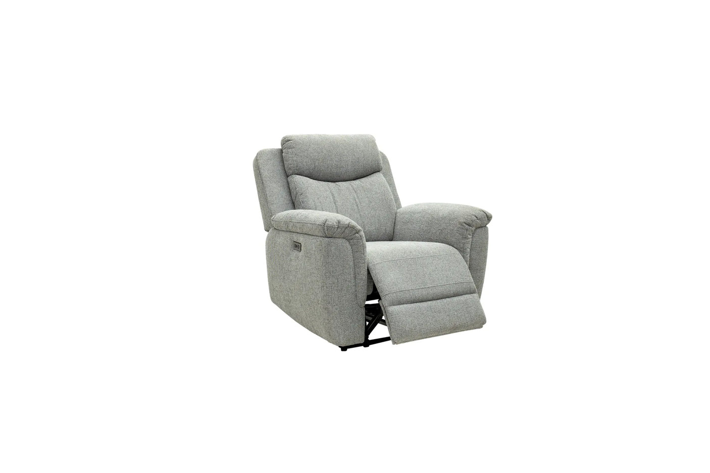A light gray upholstered recliner chair shown in a partially extended position on a plain white background.
