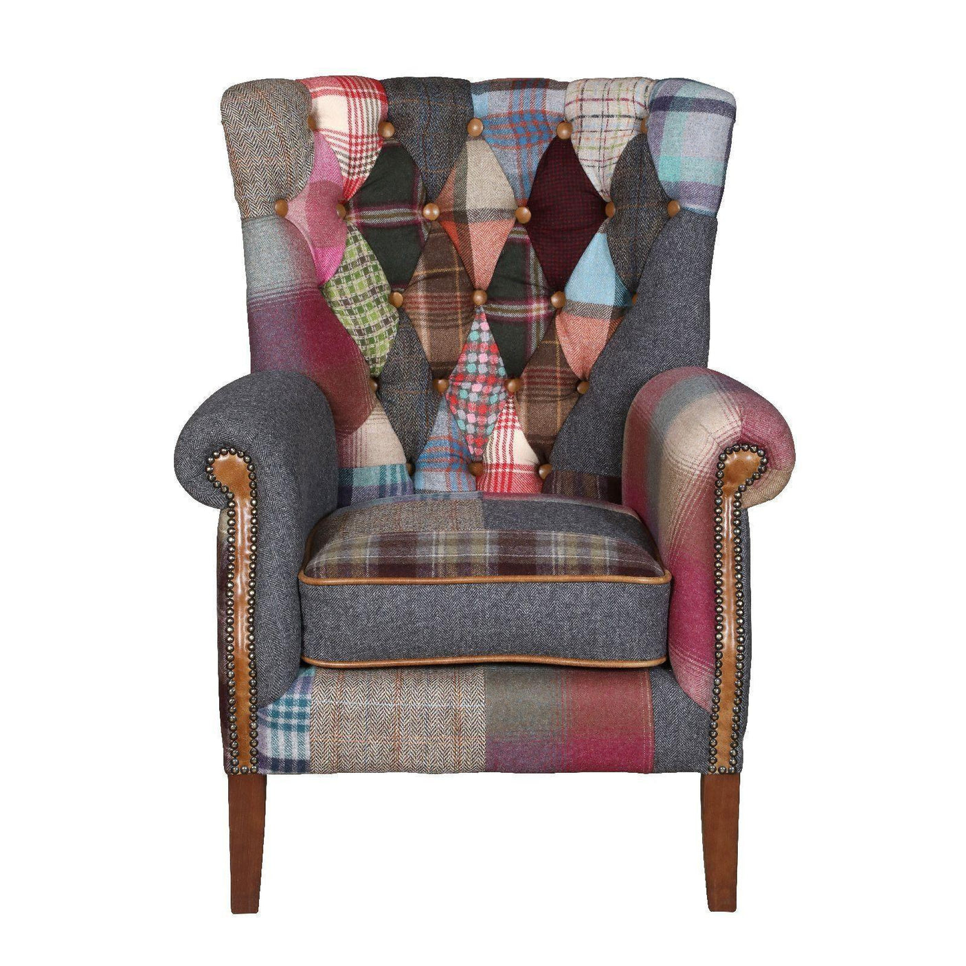 Patchwork armchair with multicoloured fabric upholstery and wooden legs, front view
