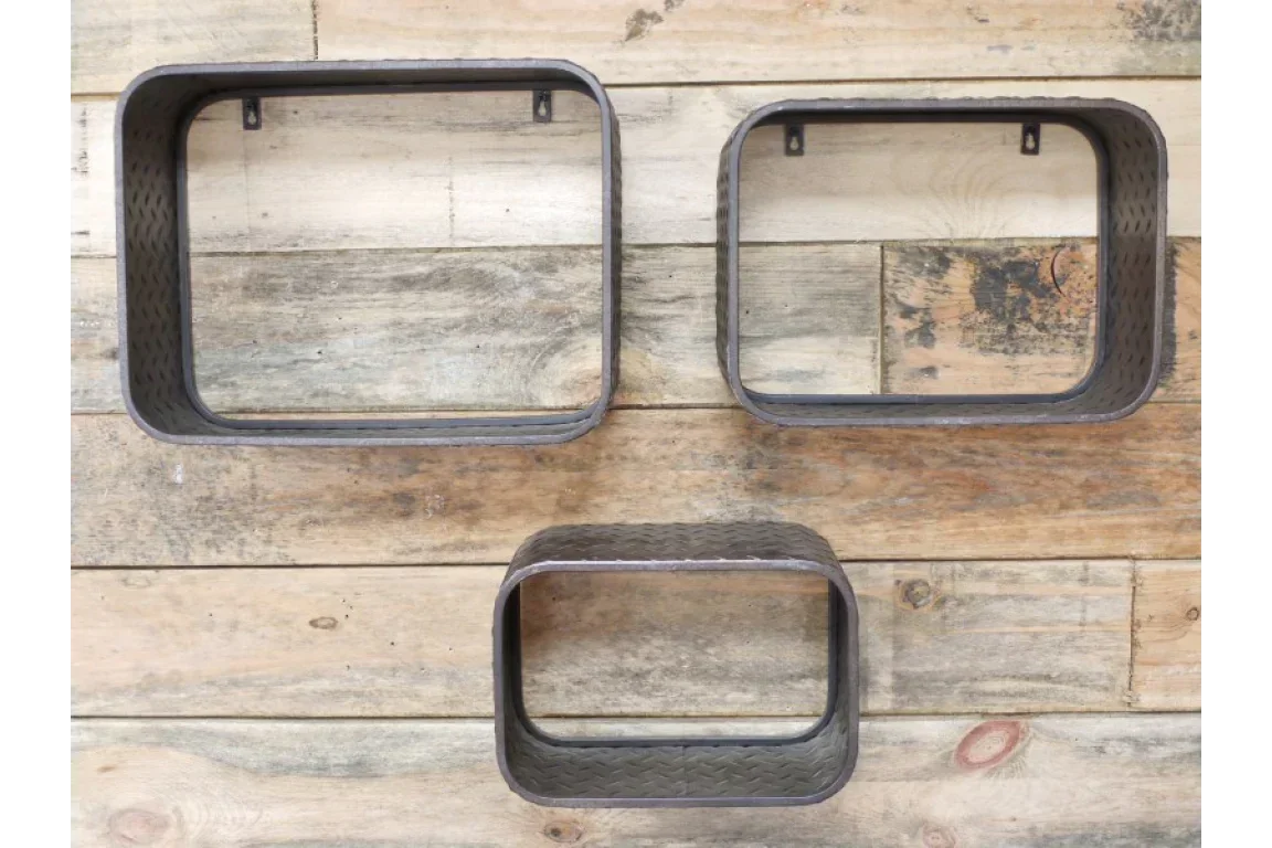 Set of three metal wall shelves with a rectangular design on rustic wooden background