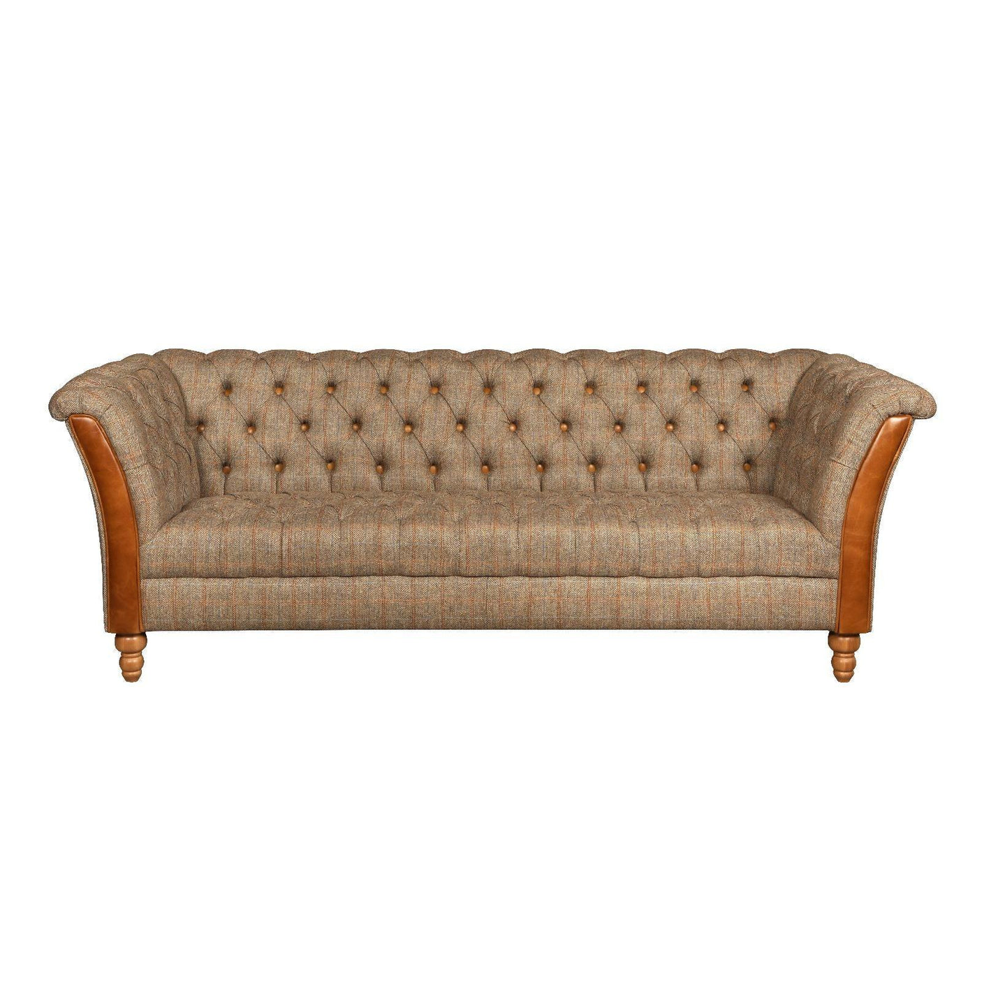 Tufted tweed sofa with tan leather arms and wooden legs, front view, classic living room seating