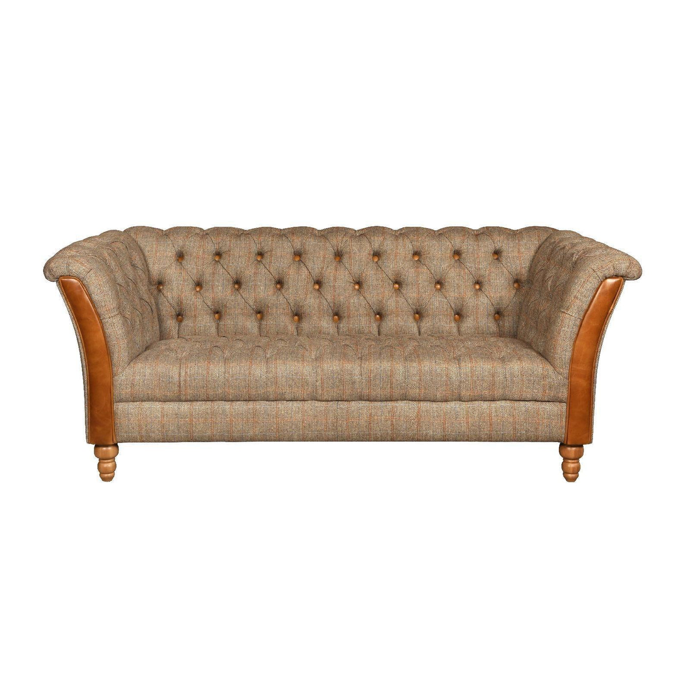 Brown tweed fabric sofa with button tufting and leather accents on rolled arms