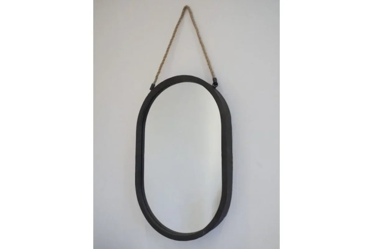 Oval wall mirror with black frame and rope hanging detail
