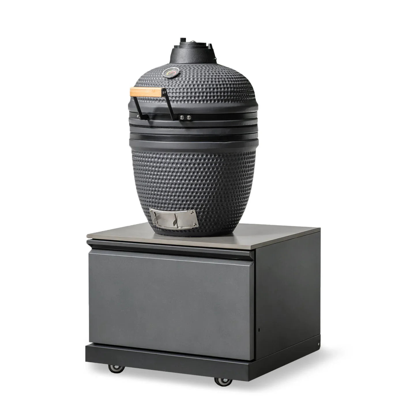 Black ceramic BBQ grill with temperature gauge on a metal rolling storage unit