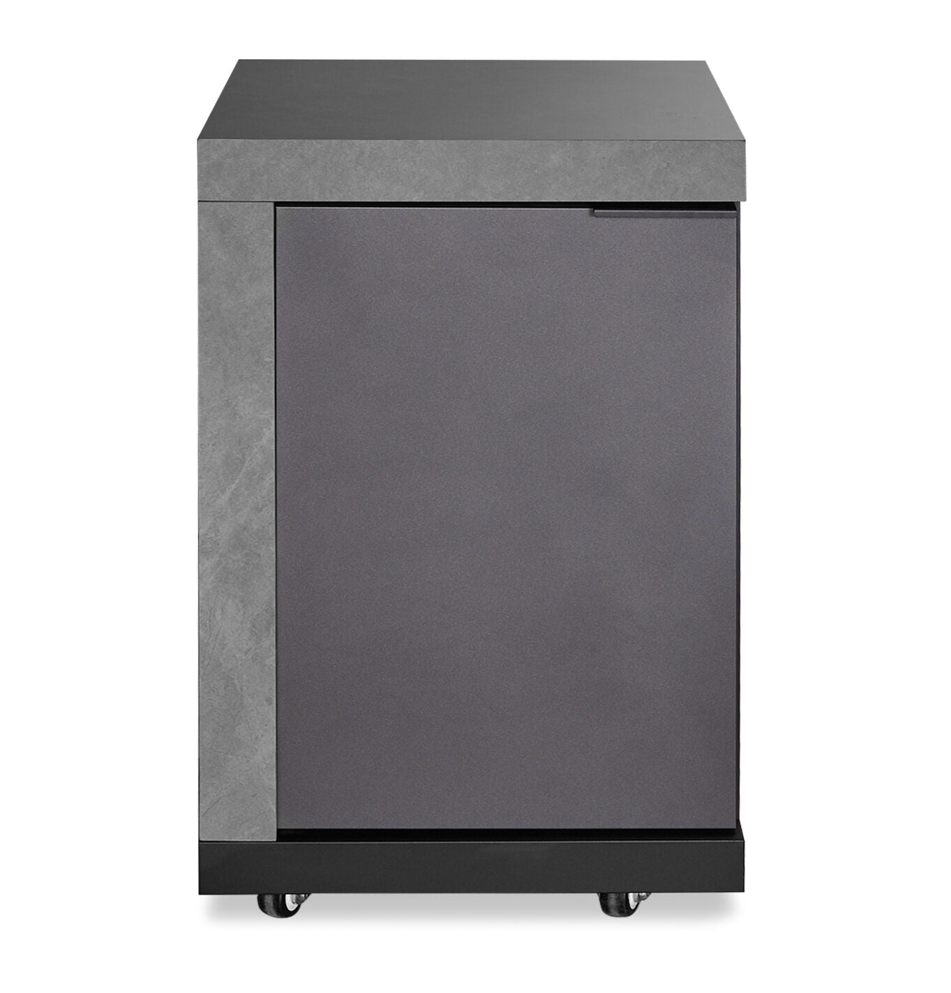 Modern grey storage cabinet on castor wheels with textured panel and minimalist handle