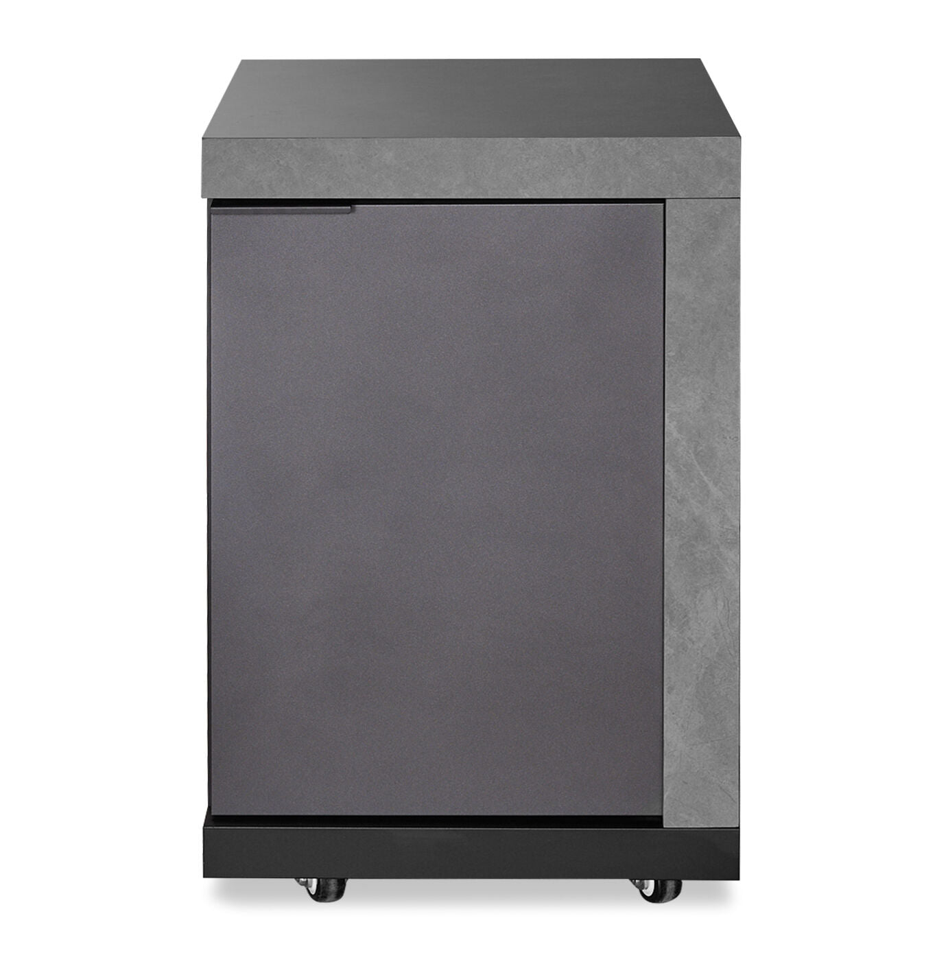 Grey bedside cabinet with matte finish, single door and castor wheels, front view