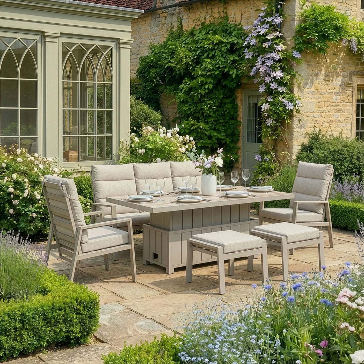 Beige outdoor garden dining set with cushioned chairs and rectangular table on patio