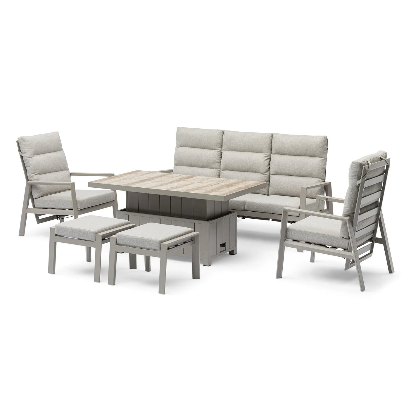 Grey outdoor garden furniture set with cushioned sofa, armchairs, stools, and rectangular table