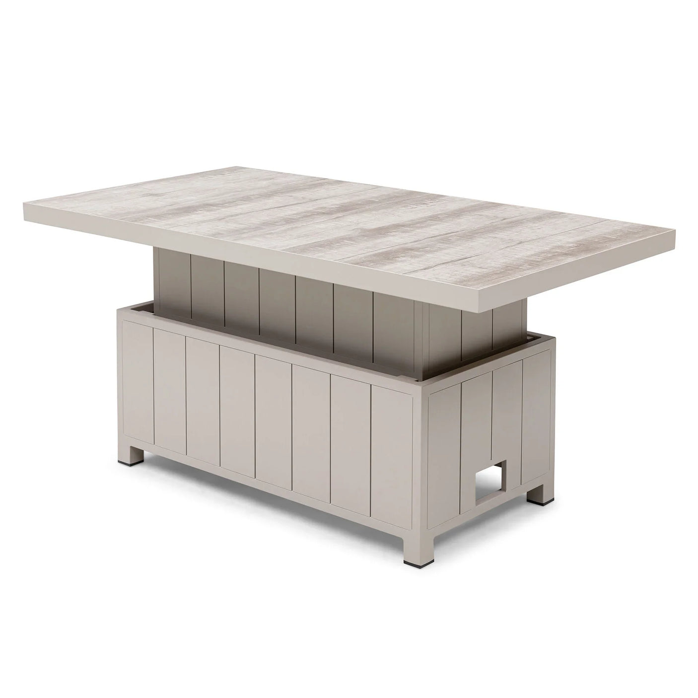 Rectangular lift top coffee table with light wood finish and panelled base, angled view