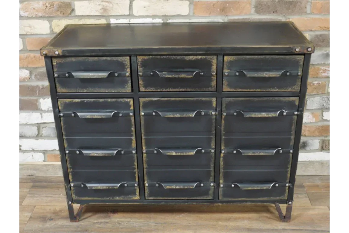 Industrial black metal chest of drawers with distressed finish and nine storage drawers