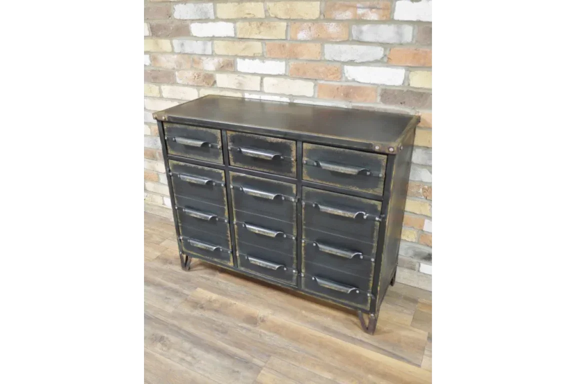 Industrial metal chest of drawers with nine compartments and black vintage finish