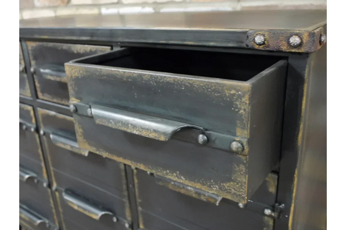Industrial metal storage cabinet with open drawer and distressed finish