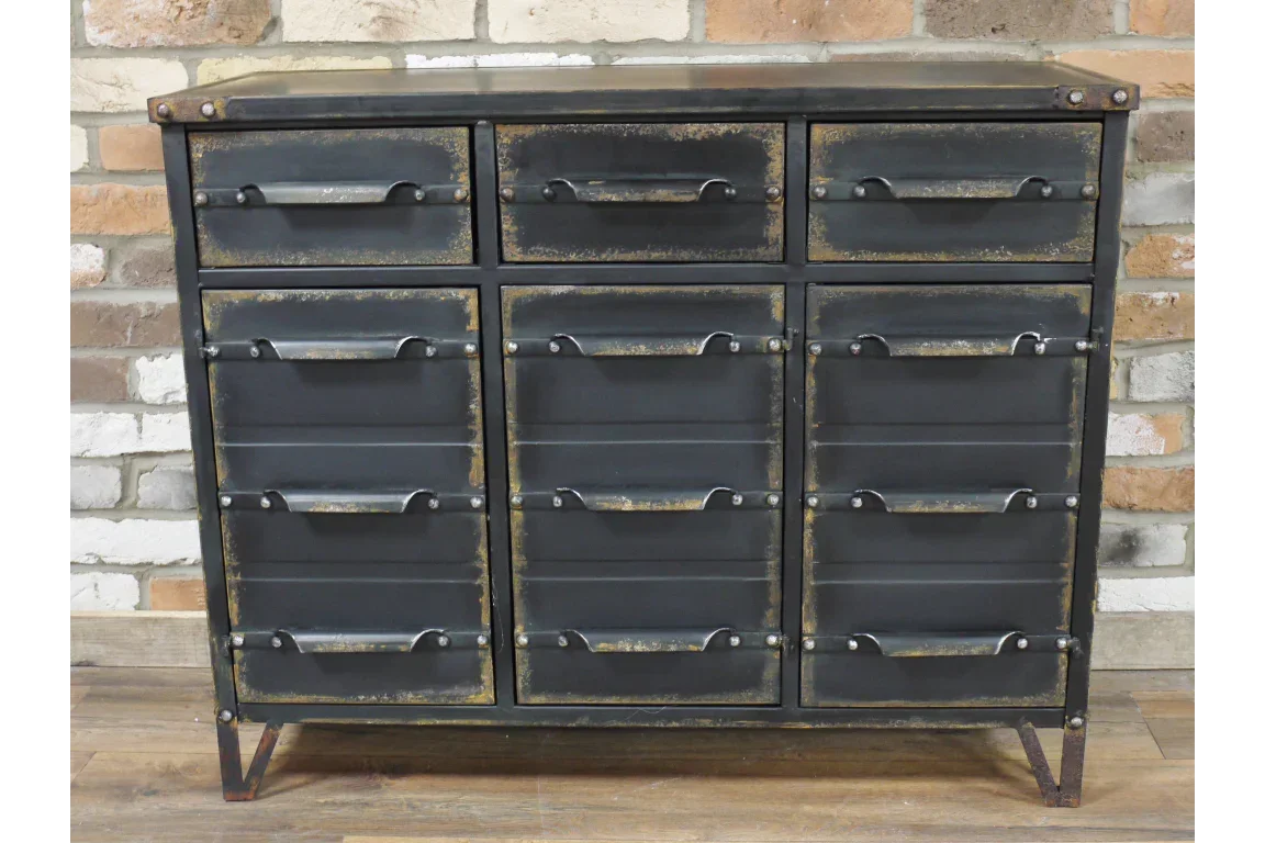 Industrial metal chest of drawers with nine black distressed drawers and vintage handles